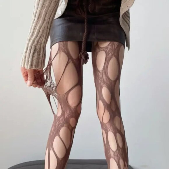 Brown Fishnet Tights OS Mummy Costume Holes Ripped Distressed Goth Halloween OS - Picture 1 of 6